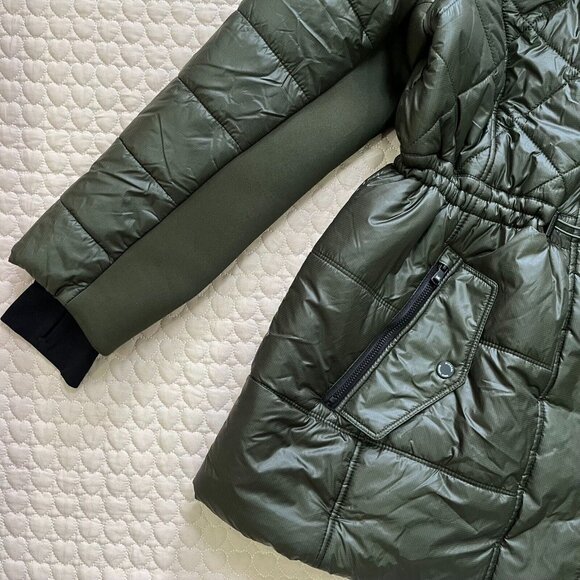 NWT Michael Kors Quilted Women Long Puffer Coat w/ Fur Hoodie Olive Size 1X - Picture 3 of 15